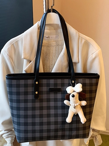Women Large Capacity PU Leather Checkerboard Tote Bag Summer Fresh Grid Shoulder Bag With Cute Plush Dog Pendant Underarm Bag