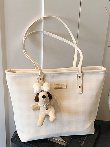 Women Large Capacity PU Leather Checkerboard Tote Bag Summer Fresh Grid Shoulder Bag With Cute Plush Dog Pendant Underarm Bag