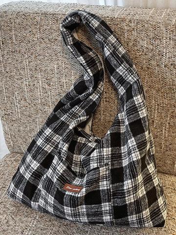 Japanese Style Canvas Tote Bag For Women Large Capacity Plaid Elephant Print Shoulder Bag Retro Commuter Work Handbag