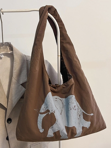 Japanese Style Canvas Tote Bag For Women Large Capacity Plaid Elephant Print Shoulder Bag Retro Commuter Work Handbag