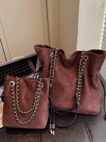 Mode Damen PU Leder Kordelzug Eimertasche Weiche Wildleder Textur Kette Gurt Umhängetasche Große Kleine Pendler Tote Handtasche
