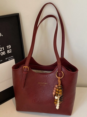 Women Large Capacity PU Leather Tote Bag Fashion Retro Shoulder Underarm Bag With Wood Bead Pendant Daily Commuter Handbag