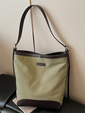 Grote Capaciteit Canvas Emmer Tas Voor Vrouwen Patchwork Synthetisch Leer Retro Stedelijk Schoudertas Zomer Veelzijdige Tote Handtas