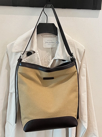 Grote Capaciteit Canvas Emmer Tas Voor Vrouwen Patchwork Synthetisch Leer Retro Stedelijk Schoudertas Zomer Veelzijdige Tote Handtas