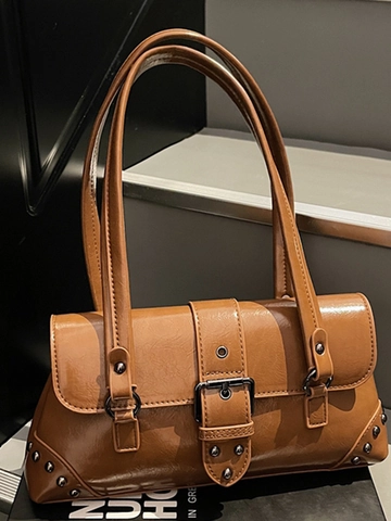 Vintage Rivet Underarm Bag For Women British Moto Style PU Leather Baguette Bag Buckle Decoration Solid Shoulder Bag