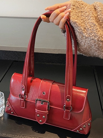 Vintage Rivet Underarm Bag For Women British Moto Style PU Leather Baguette Bag Buckle Decoration Solid Shoulder Bag