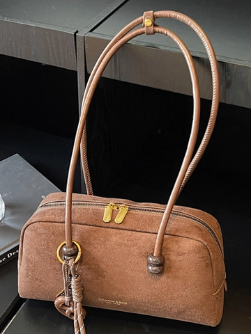 Retro Frosted PU Leather Shoulder Underarm Bag For Women Fashion Vintage Suede Texture Zipper Tote Handbag With Pendants Casual Daily Purse