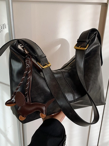 Bolso Hobo de Mujer a la Moda Gran Capacidad Cuero PU Color Sólido Bolso de Hombro Bandolera Con Lindo Colgante de Animal para Diario