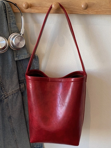Large Capacity PU Leather Bucket Bag For Women Trendy Commuter Shoulder Bag Elegant Solid Color Handbag With Pendant