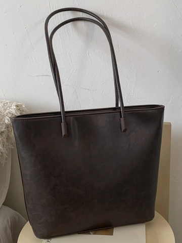 Bolso de Mano de Cuero PU Minimalista Vintage Gran Capacidad Bolso de Hombro para Mujer Color Sólido Retro Diario