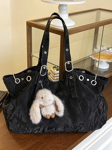 Minimalistische Große Kapazität Falten PU Leder Tote Bag Für Damen Mit Hasen Anhänger Silberne Ösen Schultertasche