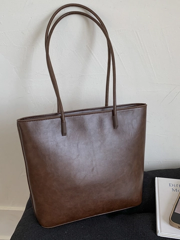 Bolso de Mano de Cuero PU Minimalista Vintage Gran Capacidad Bolso de Hombro para Mujer Color Sólido Retro Diario