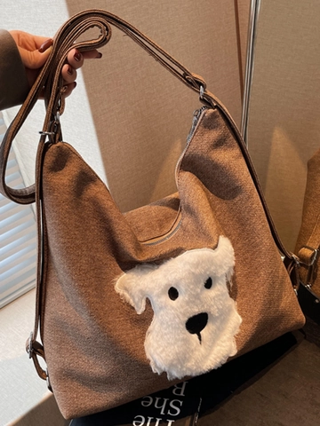Borsa a Spalla da Donna in PU Grande Capacità Cane di Peluche Cartone Animato Hobo Tote Bag Borsa a Mano Casual Versatile