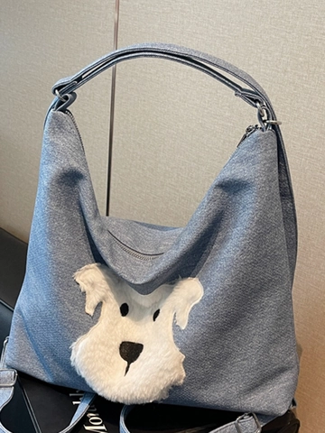 Borsa a Spalla da Donna in PU Grande Capacità Cane di Peluche Cartone Animato Hobo Tote Bag Borsa a Mano Casual Versatile