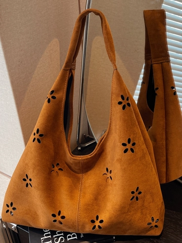 Borsa a Tracolla da Donna Intagliata a Fiori Taglio Laser Finta Scamosciata Tote Casual Grande Capacità Hobo per Quotidianità