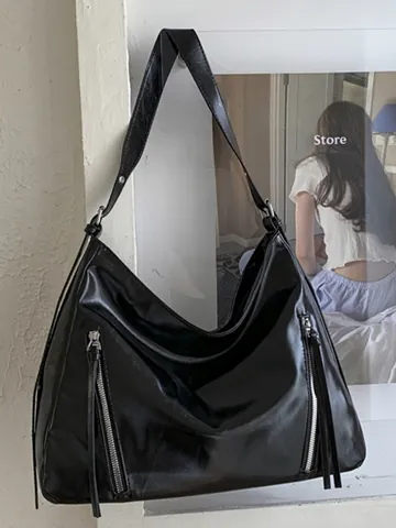 Damen Glänzend PU Leder Große Kapazität Tote Bag Mode Schulter Crossbody Hobo Tasche Mit Langen Reißverschluss Pendler Handtasche
