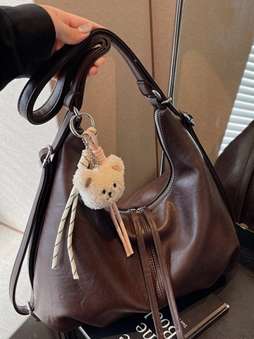 Women Large Capacity PU Leather Shoulder Bag With Plush Bear Pendant Multi Functional Commuter Tote Hobo Crossbody Bag