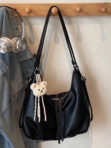 Women Large Capacity PU Leather Shoulder Bag With Plush Bear Pendant Multi Functional Commuter Tote Hobo Crossbody Bag