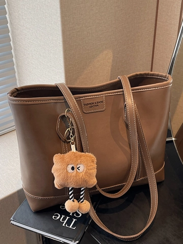 Borsa Tote in Pelle PU di Grande Capacità con Cuciture a Contrasto Moda per Donna Borsa a Tracolla Minimalista con Ciondolo