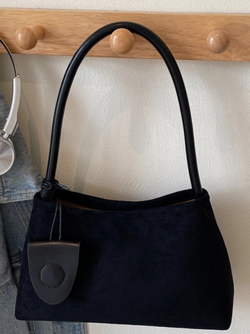 Bolso de Hombro de Mujer Vintage de Cuero PU con Textura de Gamuza Minimalista Bolso de Axila con Colgante Redondo Color Sólido Moda