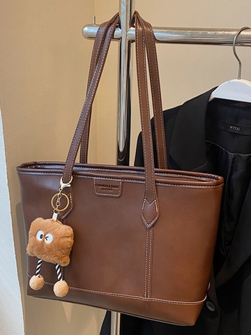 Borsa Tote in Pelle PU di Grande Capacità con Cuciture a Contrasto Moda per Donna Borsa a Tracolla Minimalista con Ciondolo
