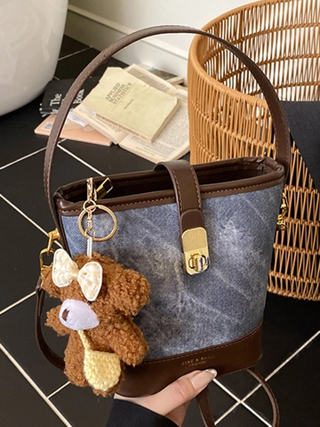 Vintage Casual PU Leather Patchwork Bucket Bag Small Women Shoulder Crossbody Handbag With Bear Pendant Minimalist Stylish Bag