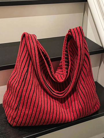 Modische Damen Umhängetasche Aus Strick Gestreift Große Kapazität Hobo Tote Bag Mit Perlenanhänger Trendige Unterarmtasche Alltäglich
