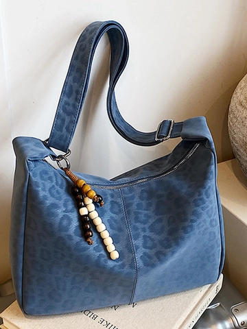 Damen Große Kapazität Leopard-Muster Hobo Schultertasche PU Leder Umhängetasche Mit Verstellbarem Gurt Perlenanhänger