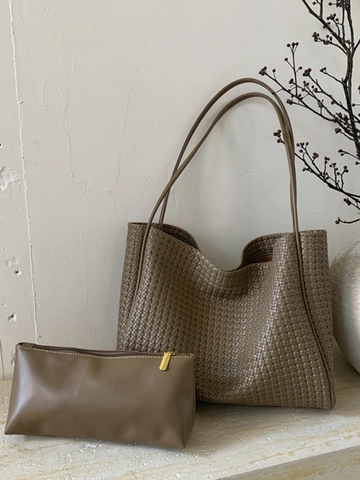 Damen Große Kapazität PU Gewebt Tote Tasche Minimalistisch Retro Schultertasche Casual Fashion Handtasche Mit Innentasche Alltagstasche