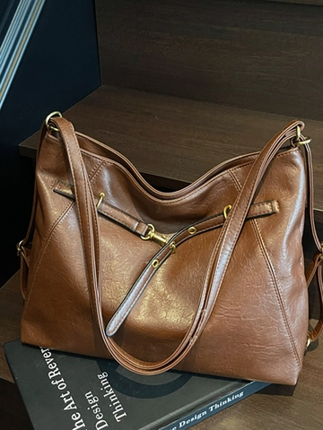 Women's Vintage Large Capacity PU Leather Tote Bag Two-Way Shoulder Bag And Backpack Solid Color Casual Commuter Handbag