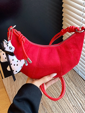 Women French Crescent Shoulder Bag Soft PU Suede Crossbody Bag With Knot Strap Dog Pendant Fashion Small Half Moon Satchel