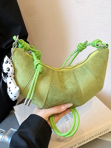 Women French Crescent Shoulder Bag Soft PU Suede Crossbody Bag With Knot Strap Dog Pendant Fashion Small Half Moon Satchel