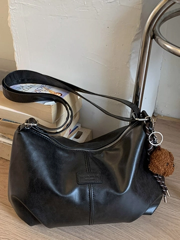 Borsa a Spalla Hobo da Donna Grande Capacità in Pelle PU Vintage Borsa a Tracolla Con Ciondolo Orsetto di Peluche Staccabile