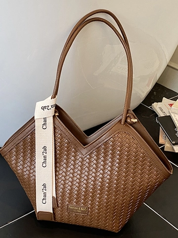 Borsa Tote Vintage in PU Intrecciato di Grande Capacità per Donna Classica Borsa a Spalla con Taglio a V con Foulard Decorativo