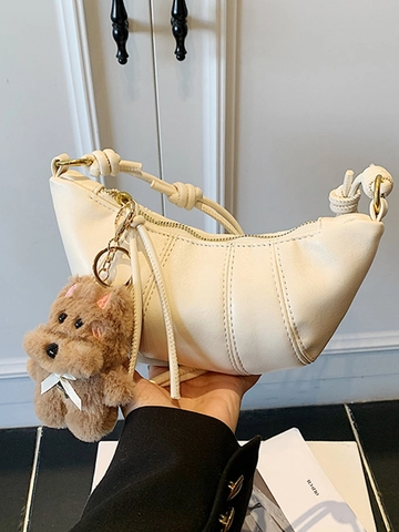 Vintage PU Leather Croissant Shoulder Bag For Women Pleated Crescent Crossbody Bag With Teddy Bear Pendant Minimalist Chic Handbag