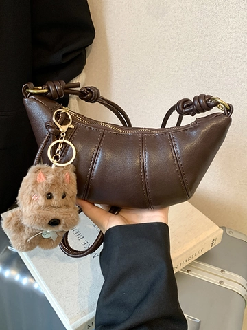 Vintage PU Leather Croissant Shoulder Bag For Women Pleated Crescent Crossbody Bag With Teddy Bear Pendant Minimalist Chic Handbag