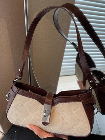 Borsa a Spalla Retrò da Donna in Pelle PU e Scamosciato Patchwork Trapuntata Sottoascellare Con Chiusura a Girello in Metallo Borsa a Tracolla alla Moda per Pendolarismo