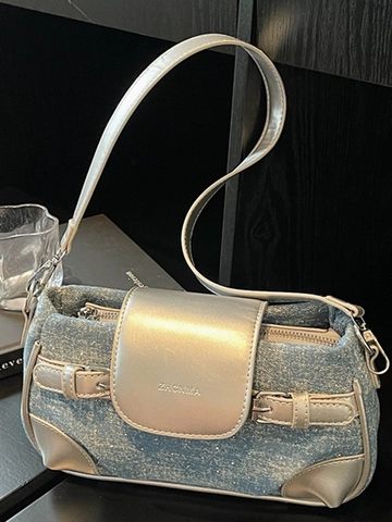 Bolso de Hombro Patchwork de Mezclilla Retro para Mujer Bolso de Axila de Tweed con Lentejuelas Y2K Bolso de Bandolera