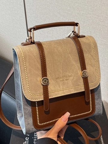 Mochila de Cuero PU de Bloques de Color Vintage para Mujer Estilo Escolar Británico Bolso de Mano de Hombro Pequeño para Diario Resistente al Desgaste
