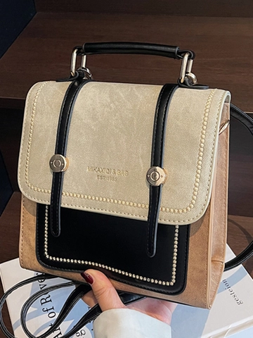Mochila de Cuero PU de Bloques de Color Vintage para Mujer Estilo Escolar Británico Bolso de Mano de Hombro Pequeño para Diario Resistente al Desgaste