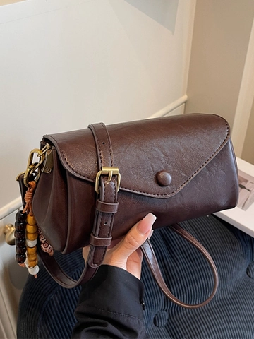 Damen Retro PU-Leder Umhängetasche Kleine Quadratische Schultertasche Mit Umschlagklappe Gewebter Riemen Perlenanhänger Mode Tasche