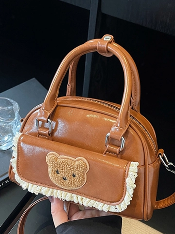Koreanische Mode Glänzendes PU-Leder Kleine Boston Tasche Für Damen Süße Bären-Patch Spitze Schulter Umhängetasche Handtasche