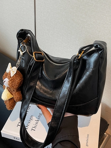 Sac à Épaule Hobo Minimaliste en Cuir PU pour Femmes Grande Capacité Sac Cabas Urbain Rétro Avec Pendentif Ours Sac de Loisirs Quotidien