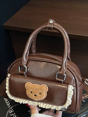 Koreanische Mode Glänzendes PU-Leder Kleine Boston Tasche Für Damen Süße Bären-Patch Spitze Schulter Umhängetasche Handtasche