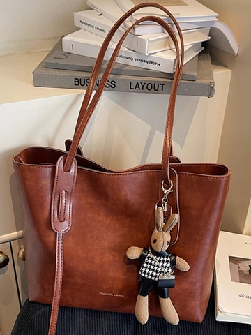 Bolso Tote de Cuero PU Vintage de Gran Capacidad para Mujer Con Colgante de Conejo Bolso de Hombro de Moda de Color Sólido para el Trayecto a la Universidad