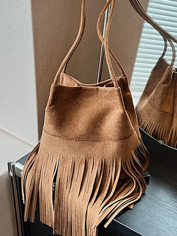 Bohemian Suede Fringe Shoulder Bag For Women Retro Soft Tassel Bucket Bag Urban Minimalist Underarm Tote Bag Fashion Handbag