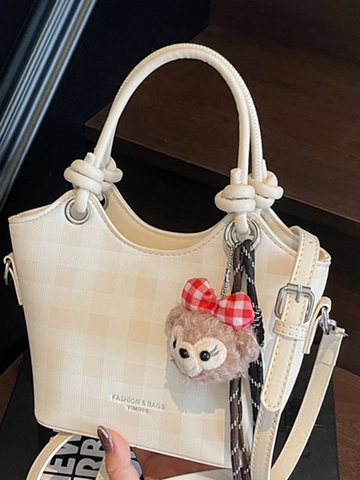 Women Urban Minimalist Plaid PU Shoulder Bag Chic Lightweight Zippered Bucket Bag Adjustable Strap Versatile Crossbody Handbag