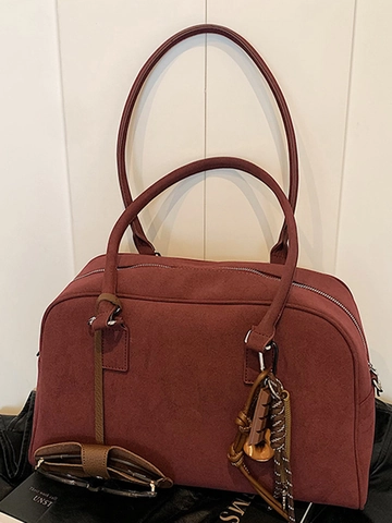 Vintage Frosted Large Capacity Boston Shoulder Bag For Women Urban Splicing Design Handbag With Creative Pendant Daily Commute Tote