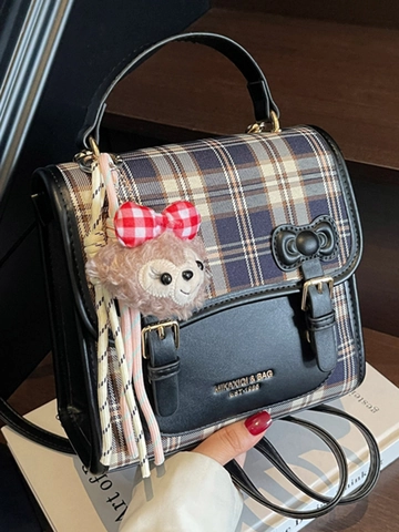 Retro Karomuster Patchwork Rucksack Für Damen Mode PU Leder Kleine Handtasche Mit Plüschanhänger Preppy Stil College Schultasche