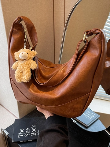 Borsa Hobo in Pelle PU da Donna Grande Capacità Vintage Mezza Luna Borsa a Tracolla Con Ciondolo Orsetto di Peluche Borsa Sottoascellare